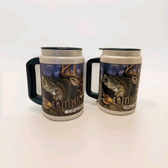 Bass Pro Shops Outdoor Wildlife Travel Mugs Green Lids Handles Vintage Set Of 2 - Picture 1 of 8